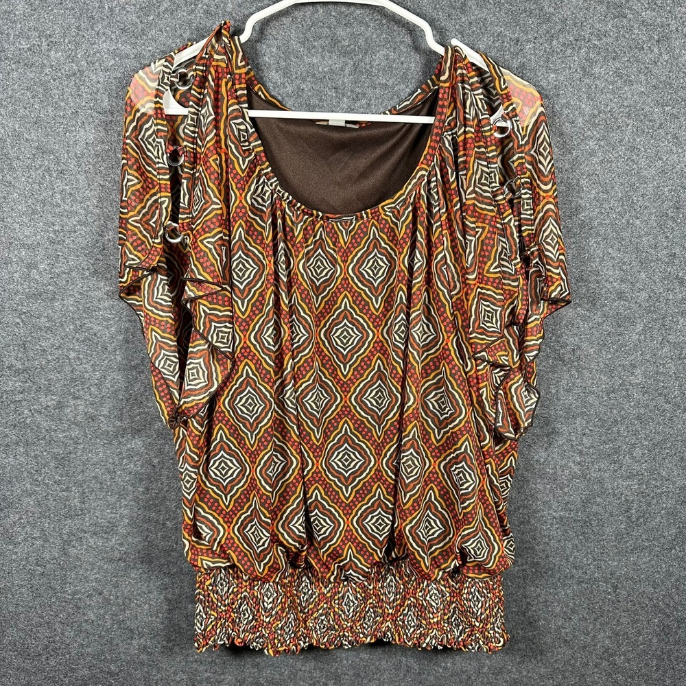 Roz & Ali Women 1X Orange Brown Geometric‎ Diamond Smocked Hem Blouson Top